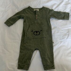 Olive Green Bear Pocket Long-Sleeve Baby One-Piece
